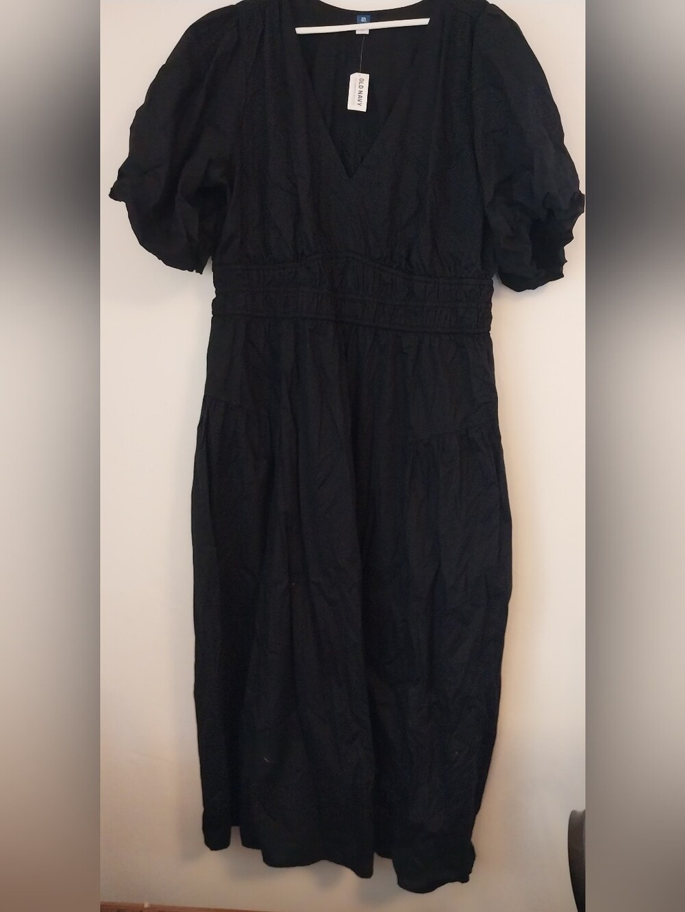 NWT XXL Tall Old Navy 100% Cotton Cottagecore Black Puff Sleeve Midi Dress